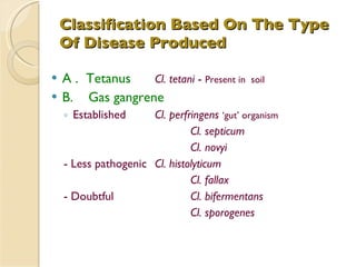 Classification Based On The Type Of Disease Produced A .  Tetanus   Cl. tetani  -  Present in  soil B.  Gas gangrene Established  Cl. perfringens   ‘gut’ organism Cl. septicum Cl. novyi - Less pathogenic  Cl. histolyticum Cl. fallax - Doubtful   Cl. bifermentans Cl. sporogenes 
