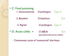 C. Food poisoning   1. Gastroenteritis   Cl perfringens  Type A 2. Botulism  Cl botulinum   Soil 3. Pig-bel Cl perfringens  Type C D. Acute colitis   -  Cl difficile  Gut (pseudomembranous colitis) Commonest cause of ‘nosocomial’ diarrhoea 