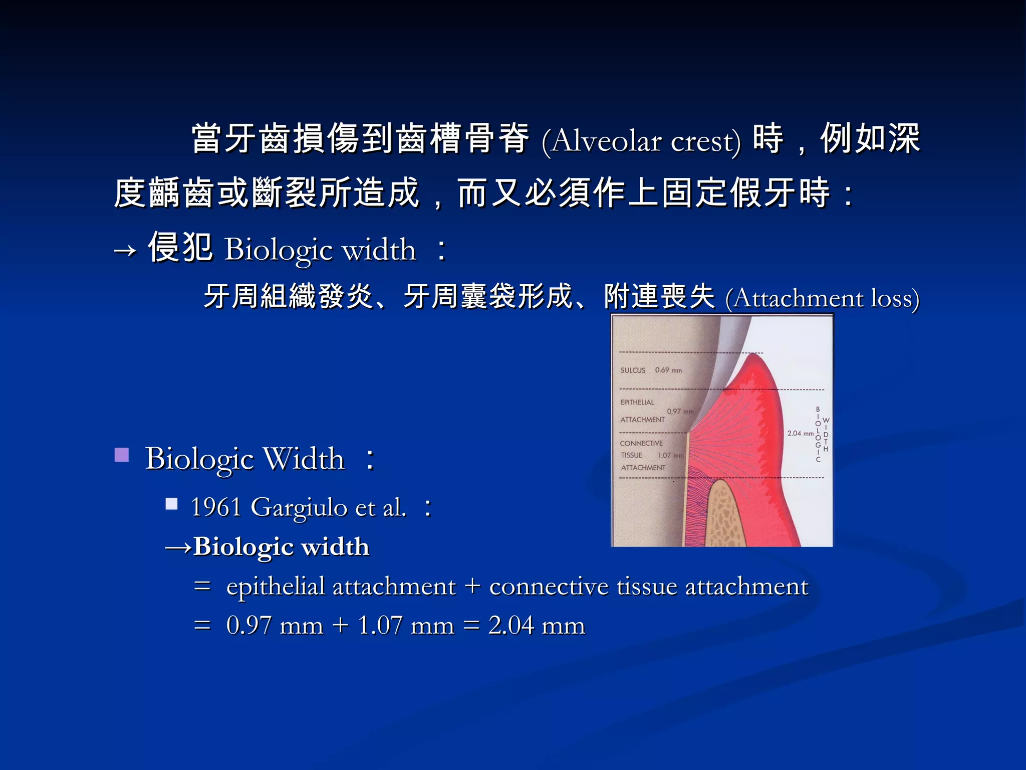 當牙齒損傷到齒槽骨脊 (Alveolar crest) 時，例如深 度齲齒或斷裂所造成，而又必須作上固定假牙時： -> 侵犯 Biologic width ： 牙周組織發炎、牙周囊袋形成、附連喪失 (Attachment loss) Biologic Width ： 1961 Gargiulo et al. ： -> Biologic width =  epithelial attachment + connective tissue attachment =  0.97 mm + 1.07 mm = 2.04 mm 