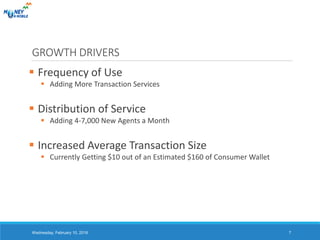 GROWTH DRIVERS
 Frequency of Use
 Adding More Transaction Services
 Distribution of Service
 Adding 4-7,000 New Agents a Month
 Increased Average Transaction Size
 Currently Getting $10 out of an Estimated $160 of Consumer Wallet
Wednesday, February 10, 2016 7
 
