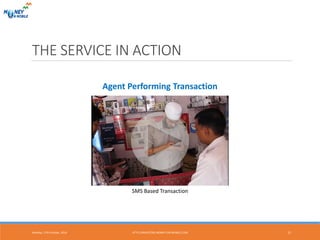 THE SERVICE IN ACTION
Monday, 17th October, 2016 11
Agent Performing Transaction
SMS Based Transaction
HTTP://INVESTORS.MONEY-ON-MOBILE.COM
 