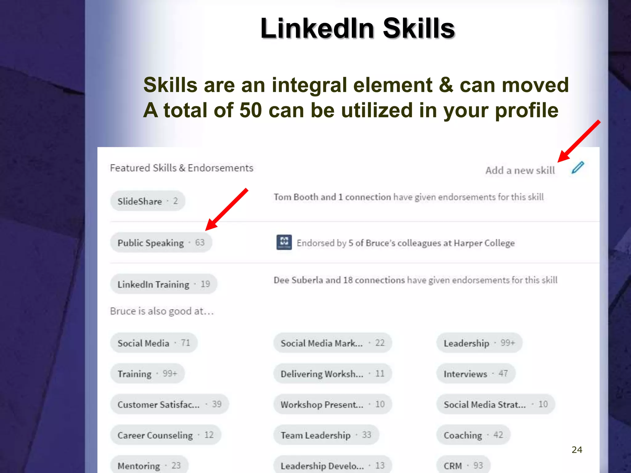 LinkedIn Skills
Skills are an integral element & can moved
A total of 50 can be utilized in your profile
24
 