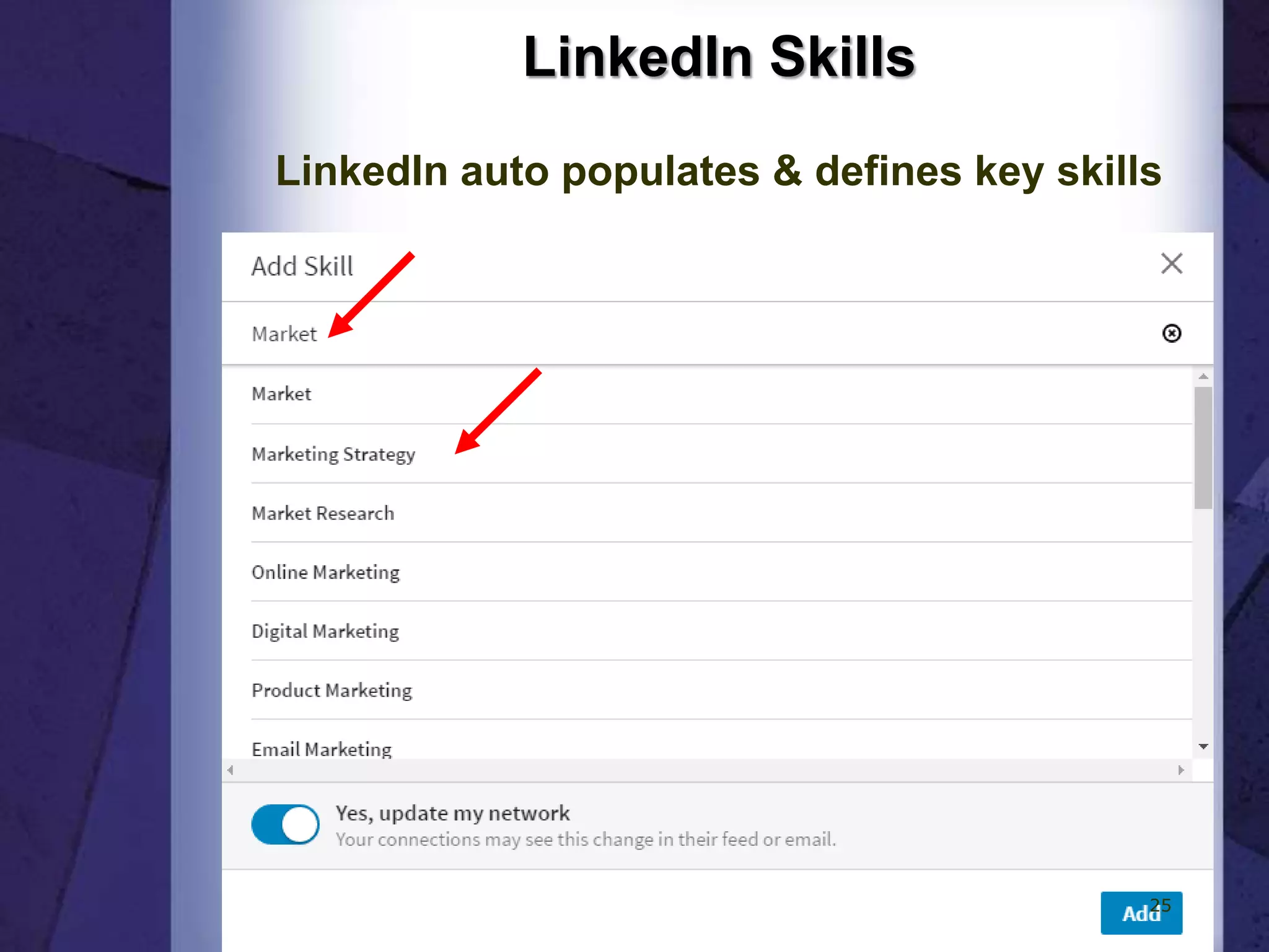 LinkedIn Skills
LinkedIn auto populates & defines key skills
25
 