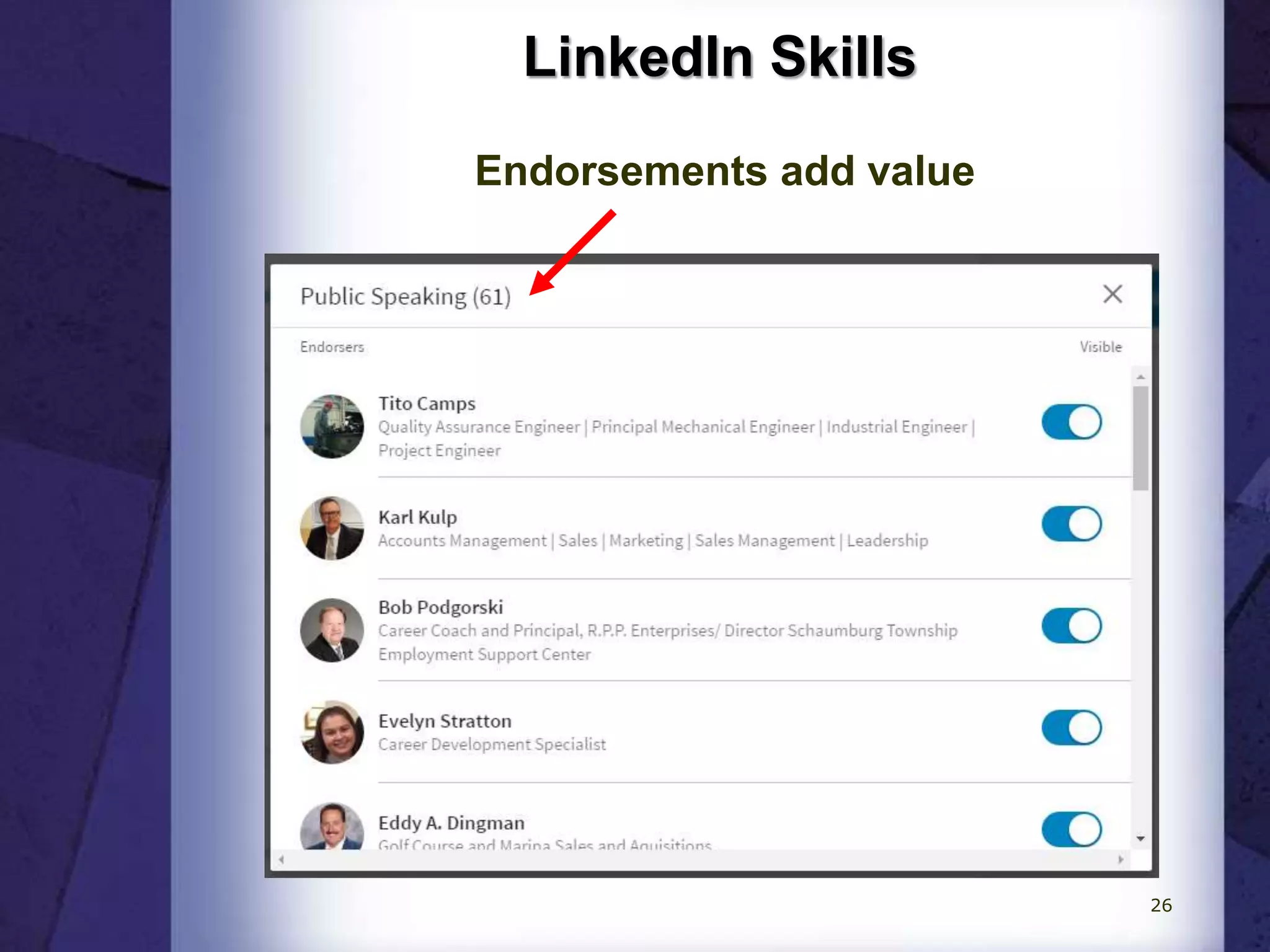 LinkedIn Skills
Endorsements add value
26
 
