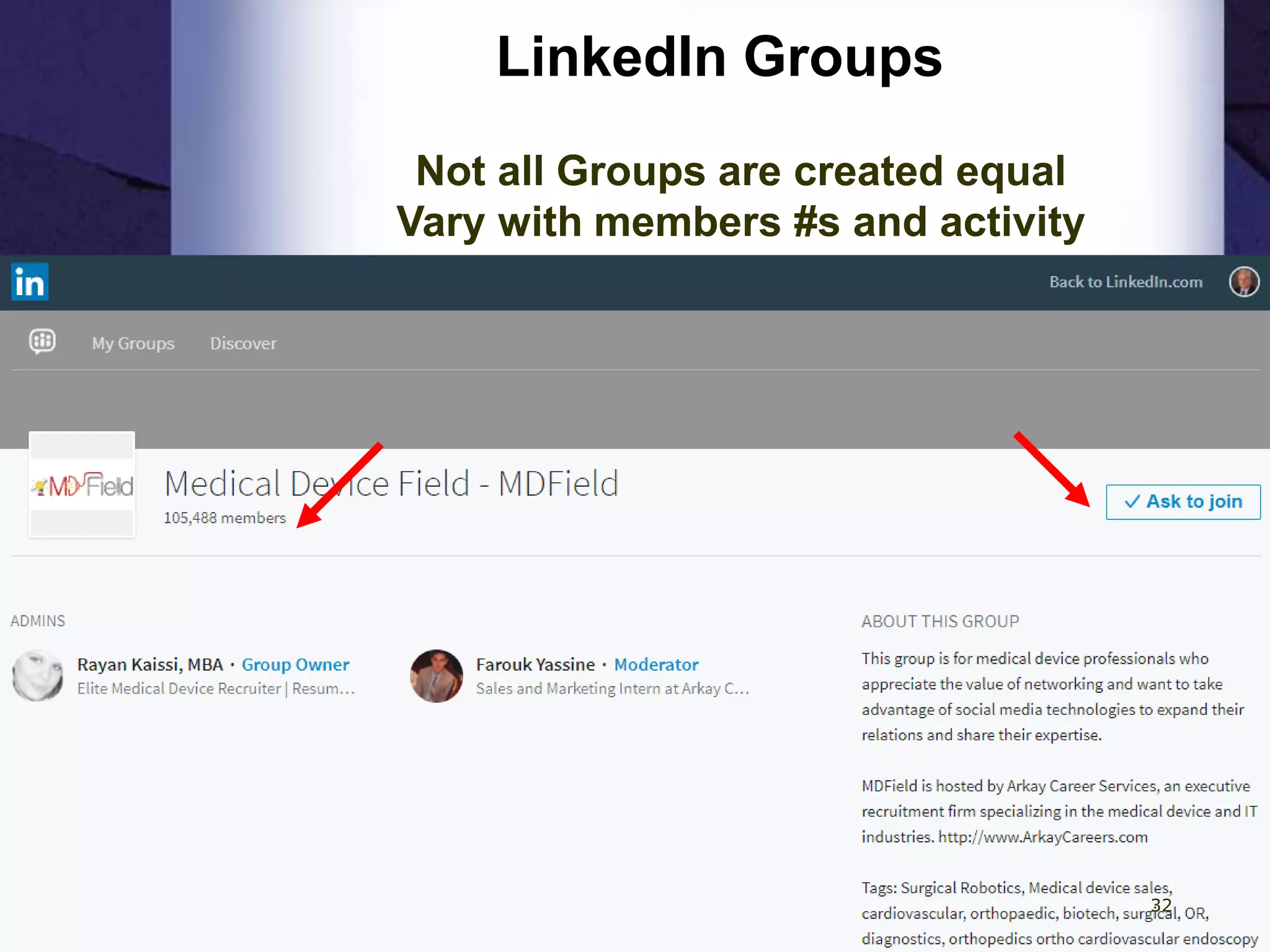 LinkedIn Groups
Not all Groups are created equal
Vary with members #s and activity
32
 