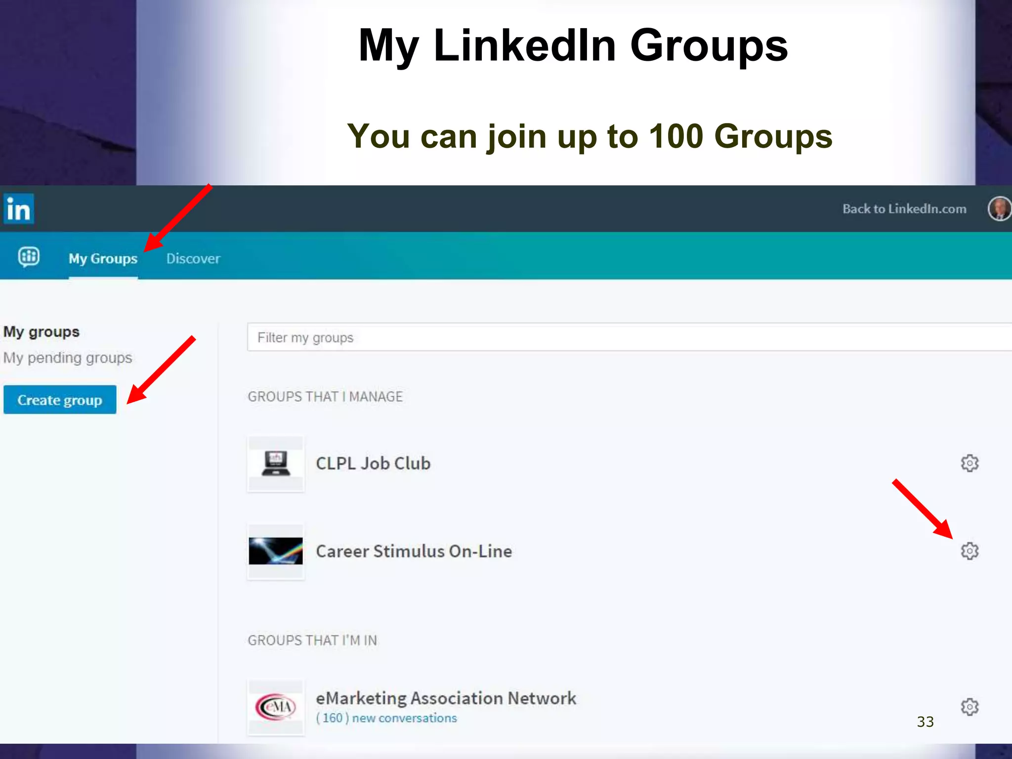 My LinkedIn Groups
You can join up to 100 Groups
33
 