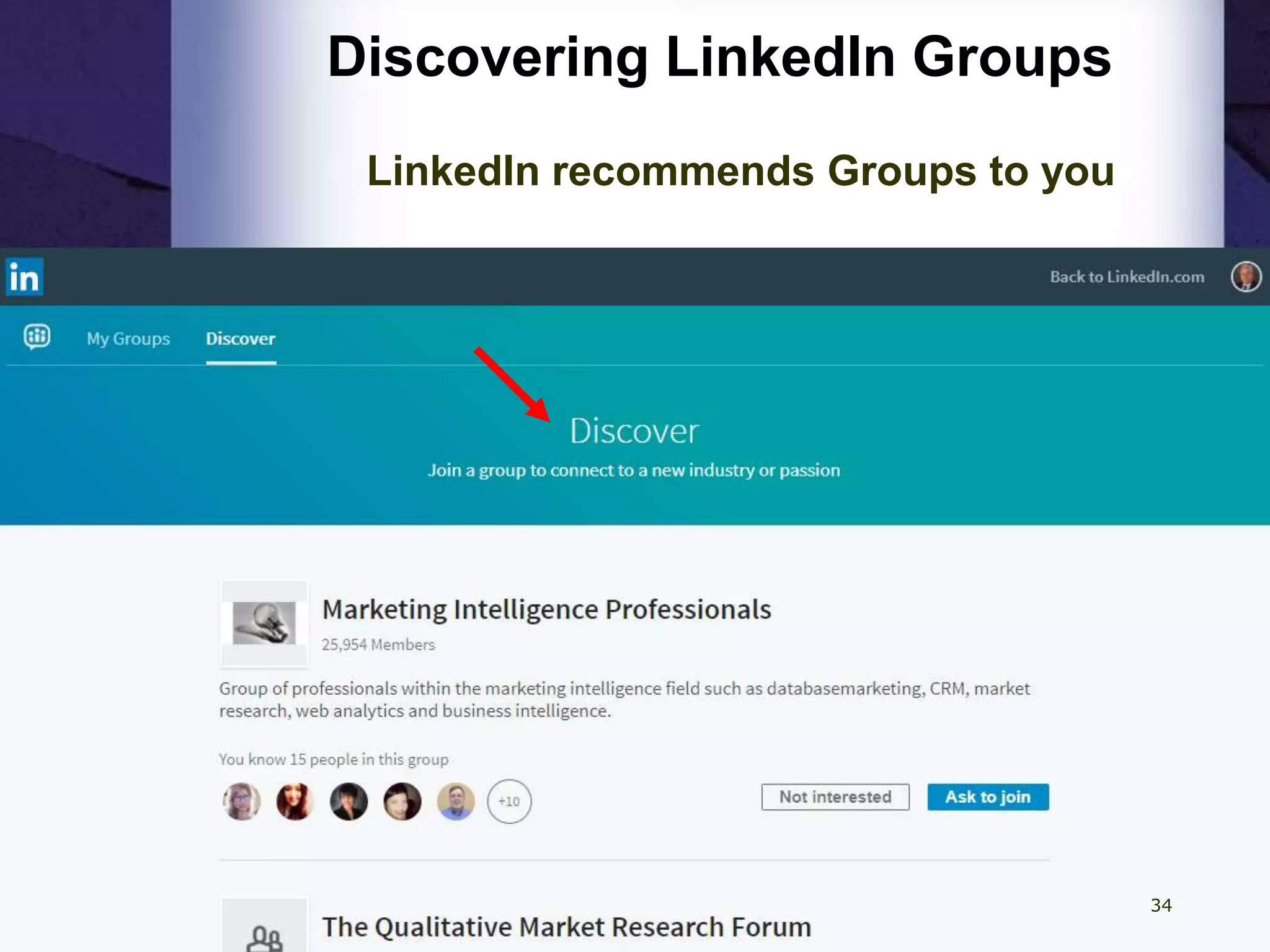 Discovering LinkedIn Groups
LinkedIn recommends Groups to you
34
 