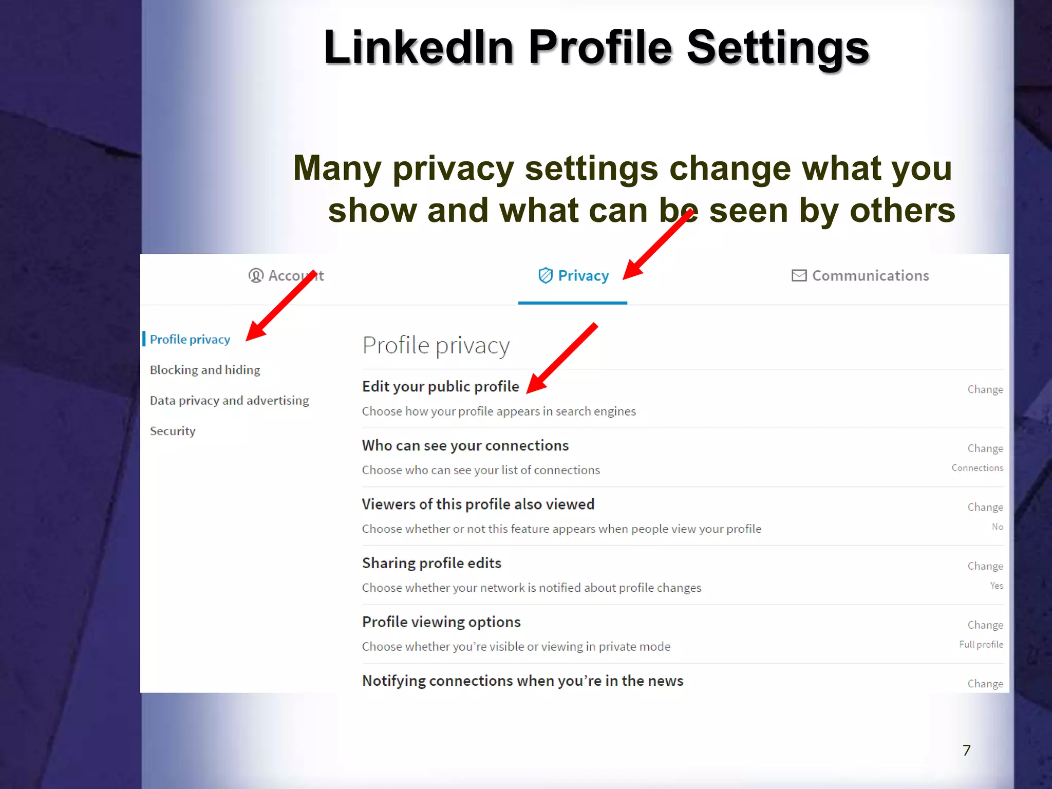 LinkedIn Profile Settings
Many privacy settings change what you
show and what can be seen by others
7
 