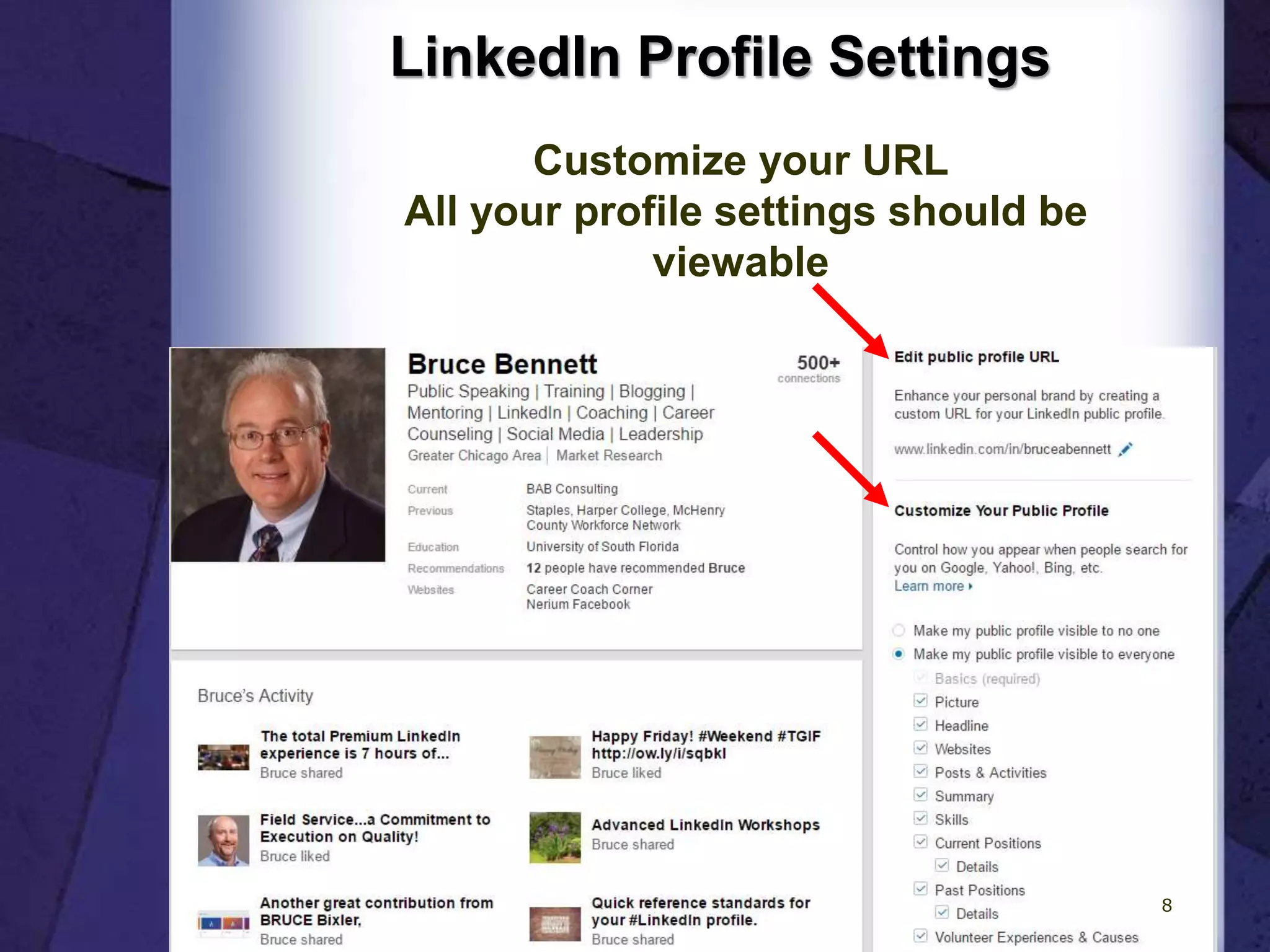 LinkedIn Profile Settings
Customize your URL
All your profile settings should be
viewable
8
 