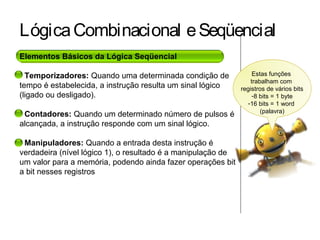 LógicaCombinacional eSeqüencial
Elementos Básicos da Lógica Seqüencial
- Temporizadores: Quando uma determinada condição de
tempo é estabelecida, a instrução resulta um sinal lógico
(ligado ou desligado).
- Contadores: Quando um determinado número de pulsos é
alcançada, a instrução responde com um sinal lógico.
- Manipuladores: Quando a entrada desta instrução é
verdadeira (nível lógico 1), o resultado é a manipulação de
um valor para a memória, podendo ainda fazer operações bit
a bit nesses registros
Estas funções
trabalham com
registros de vários bits
-8 bits = 1 byte
-16 bits = 1 word
(palavra)
 
