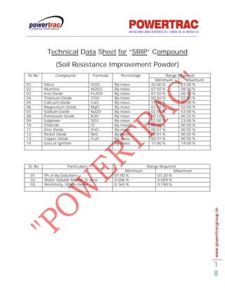 AN ISO 9001-2008 CERTIFIED CO. | CRISIL SE-3C RATED CO
------------------------------------------------------------------------------------------------------------------------------------------



                Technical Data Sheet for “SRIP” Compound
                       (Soil Resistance Improvement Powder)
 Sr.No                 Compound                      Formula                Percentage                     Range Required
                                                                                                      Minimum       Maximum
01.           Silica                               SiO2                By   mass                    20.00 %       23.00 %
02.           Alumina                              Al2O3               By   mass                    07.50 %       08.50 %
03.           Iron Oxide                           Fe2O3               By   mass                    07.50 %       08.50 %
04.           Titanium Oxide                       TiO2                By   mass                    00.50 %       02.00 %
05.           Calcium Oxide                        CaO                 By   mass                    17.00 %       20.00 %
06.           Magnesium Oxide                      MgO                 By   mass                    01.50 %       02.00 %
07.           Sodium Oxide                         Na2O                By   mass                    02.00 %       03.00 %
08.           Potassium Oxide                      K2O                 By   mass                    00.10 %       00.25 %
09.           Sulphate                             SO3                 By   mass                    22.00 %       23.00 %
10.           Chloride                             Cl                  By   mass                    00.20 %       00.50 %
11.           Zinc Oxide                           ZnO                 By   mass                    00.01 %       00.05 %
12.           Nickel Oxide                         NiO                 By   mass                    00.01 %       00.05 %
13.           Copper Oxide                         CuO                 By   mass                    00.01 %       00.05 %
14.           Loss of ignition                     …                   By   mass                    17.00 %       19.00 %




 Sr.No                           Particulars                                                     Range Required
                                                                            Minimum                           Maximum
   01.        Ph of Aq Solutions                                       07.00 %                        07.20 %
   02.        Water Soluble Matter, % w/w                              0.006 %                        0.009 %
   03.        Resistivity, Ohms-meter                                  0.165 %                        0.190 %




                                                                                                                                             www.powertracgroup.in




                                                                                                                                             1
                                                                                                                                             8
 