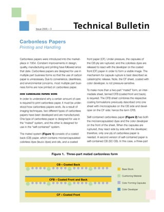 Technical Bulletin
              Issue 2005 – 3




Carbonless Papers
Printing and Handling

Carbonless papers were introduced into the market-         front paper (CF). Under pressure, the capsules of
place in 1954. Constant improvements in design,            the CB ply are ruptured, and the colorless dyes are
quality, manufacturing and printing have followed since    released to react with the developer on the coated
that date. Carbonless papers are designed for use in       front (CF) paper in order to form a visible image. The
multiple part business forms so that the use of carbon     mechanism for capsule rupture is best described as
paper is unnecessary. Due to convenience, cleanliness,     catastrophic release. Note, the CF sheet, coated with
and environmental concerns, most multiple part busi-       color developer, is not pressure-sensitive.
ness forms are now printed on carbonless paper.
                                                           To make more than a two-part “mated” form, an inter-
                                                           mediate sheet, termed CFB (coated front and back),
HOW CARBONLESS PAPERS WORK

                                                           is required. The CFB sheet combines the respective
In order to understand why a certain amount of care
                                                           coating formulations previously described onto one
is required to print carbonless paper, it must be under-
                                                           sheet with microcapsules on the CB side and devel-
stood how carbonless papers work. As a result of
                                                           oper on the CF side; hence the term CFB.
imaging techniques, two different types of carbonless
papers have been developed and are manufactured.
                                                           Self-contained carbonless paper (Figure 2) has both
One type of carbonless paper is designed for use in
                                                           the microencapsulated dyes and the color developer
the “mated” system, and the other is designed for
                                                           on the front of the sheet. When the capsules are
use in the “self-contained” system.
                                                           ruptured, they react side by side with the developer;
                                                           therefore, only one ply of carbonless paper is
The mated system (Figure 1) consists of a coated
                                                           needed. A second version of self-contained paper is
back (CB) paper, which contains microencapsulated
                                                           self-contained CB (SC CB). In this case, a three-part
colorless dyes (leuco dyes) and oils, and a coated



                               Figure 1. Three-part mated carbonless form


                                  CB – Coated Back
                                                                                         Base Stock

                                                                                         Cushioning Material
                          CFB – Coated Front and Back
                                                                                         Color Forming Capsules

                                                                                         Color Developer

                                  CF – Coated Front
 
