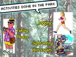 Taking 
Photos 
Jogging 
Sight-seeing 
(binoculars) 
 
