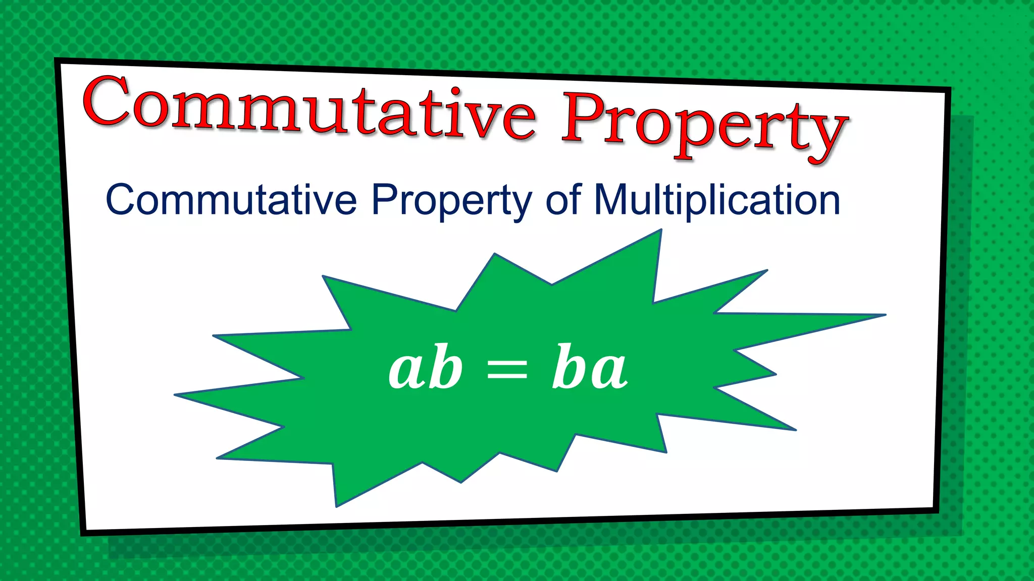 Commutative Property of Multiplication
𝒂𝒃 = 𝒃𝒂
 