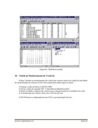 giovanni_magela@yahoo.com Página 48
Figura 68 – Referência cruzada
IX – Tabela de Monitoramento de Variáveis
O Step-7 permite ao monitoramento dos valores das variáveis através da criação de uma tabela
de monitoramento de variáveis (VAT). Para criação desta tabela seguir os passos:
1) Chamar o editor de blocos LAD/STL/FBD.
2) Ativar o menu de comando PLC  OpenMonitor/ModifyVariables.
3) Inserir na tabela o endereço das variáveis que se deseja monitorar ou modificar seu valor.
4) A monitoração dos valores é feito com o CLP em On Line.
A FIG.69 ilustra a configuração de uma VAT e sua monitoração On Line.
 