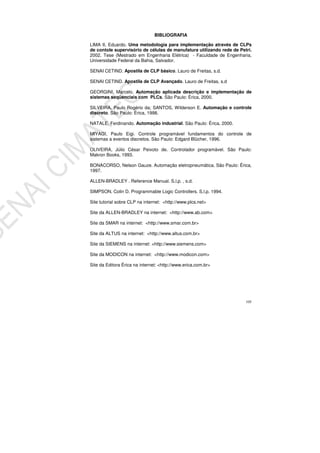 105
BIBLIOGRAFIA
LIMA II, Eduardo. Uma metodologia para implementação através de CLPs
de contole supervisório de células de manufatura utilizando rede de Petri.
2002. Tese (Mestrado em Engenharia Elétrica) - Faculdade de Engenharia,
Universidade Federal da Bahia, Salvador.
SENAI CETIND. Apostila de CLP básico. Lauro de Freitas, s.d.
SENAI CETIND. Apostila de CLP Avançado. Lauro de Freitas, s.d
GEORGINI, Marcelo. Automação aplicada descrição e implementação de
sistemas seqüenciais com PLCs. São Paulo: Érica, 2000.
SILVEIRA, Paulo Rogério da; SANTOS, Wilderson E. Automação e controle
discreto. São Paulo: Érica, 1998.
NATALE, Ferdinando. Automação industrial. São Paulo: Érica, 2000.
MIYAGI, Paulo Eigi. Controle programável fundamentos do controle de
sistemas a eventos discretos. São Paulo: Edgard Blücher, 1996.
OLIVEIRA, Júlio César Peixoto de. Controlador programável. São Paulo:
Makron Books, 1993.
BONACORSO, Nelson Gauze. Automação eletropneumática. São Paulo: Érica,
1997.
ALLEN-BRADLEY . Reference Manual. S.l.p. , s.d.
SIMPSON, Colin D. Programmable Logic Controllers. S.l.p. 1994.
Site tutorial sobre CLP na internet: <http://www.plcs.net>
Site da ALLEN-BRADLEY na internet: <http://www.ab.com>
Site da SMAR na internet: <http://www.smar.com.br>
Site da ALTUS na internet: <http://www.altus.com.br>
Site da SIEMENS na internet: <http://www.siemens.com>
Site da MODICON na internet: <http://www.modicon.com>
Site da Editora Érica na internet: <http://www.erica.com.br>
 