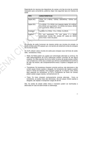 15
Dependendo da natureza dos dispositivos de campo e do tipo de sinal de controle
necessário para comandá-los, podemos dispor dos seguintes tipos de módulos de
saída:
TIPO CARACTERÍSTICAS
Digital (AC) 12Vac; 24 a 48Vac; 120Vac; 220/240Vac; 120Vac com
isolação.
Digital (DC) 12 a 60Vdc; 12 a 24Vdc com resposta rápida; 24 a 48Vdc;
12 a 24Vdc com suprimento; 12 a 24Vdc com dreno; 48Vdc
com suprimento; 48Vdc com dreno.
Analógico 1 a 5Vdc; 0 a 10Vdc; -10 a +10Vdc; 4 a 20mA.
Especial TTL com suprimento; TTL com dreno; 5 a 30Vdc
selecionável; contato NA; contato NF; saída em ASCII;
servo-motor; motor de passo.
Os circuitos de saída funcionam de maneira similar aos circuitos de entrada: os
sinais emitidos pela CPU passam por uma barreira de isolamento antes de energizar
os circuitos de saída.
Os CLPs utilizam vários circuitos de saída para energizar seus terminais de saída:
relés, transistores e triacs.
Relés. Os Relés podem ser usados com alimentação alternada ou contínua. Os
relés eletromagnéticos de CLPs tradicionais aceitam correntes de até alguns
ampéres. Os relés suportam de forma melhor os picos de tensão porque contém
uma camada de ar entre seus contatos que elimina a possibilidade de ocorrência
de fuga. No entanto, são comparativamente lentos e sujeitos a desgaste com o
tempo.
Transistores. Os transistores chaveiam corrente contínua, são silenciosos e não
contém peças móveis sujeitas a desgaste. Os transistores são rápidos e podem
reduzir o tempo de resposta, mas suportam cargas de, no máximo, 0,5A. Certos
tipos especiais de transistores, os FETs (Transistores de Efeito de Campo)
podem aceitar cargas maiores, normalmente de 1A.
Triacs. Os triacs chaveiam exclusivamente corrente alternada. Como os
transistores, as saídas triacs são silenciosas, não tem peças móveis sujeitas a
desgaste, são rápidas e transportam cargas de até 5A.
Obs. As saídas de estado sólido (triacs e transistor) podem ser danificadas e
destruídas em caso de sobre tensão ou sobrecarga.
 