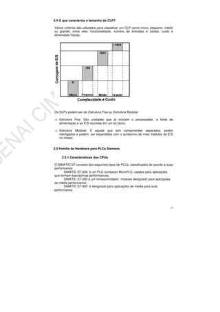 17
2.4 O que caracteriza o tamanho do CLP?
Vários critérios são utilizados para classificar um CLP como micro, pequeno, médio
ou grande, entre eles: funcionalidade, número de entradas e saídas, custo e
dimensões físicas.
Os CLPs podem ser de Estrutura Fixa ou Estrutura Modular.
Estrutura Fixa. São unidades que já incluem o processador, a fonte de
alimentação e as E/S reunidas em um só bloco.
Estrutura Modular. É aquele que tem componentes separados, porém
interligados e podem ser expandidos com o acréscimo de mais módulos de E/S
no chassi.
2.5 Família de Hardware para PLCs Siemens
2.5.1 Características das CPUs
O SIMATIC S7 consiste dos seguintes tipos de PLCs, classificados de acordo a suas
performance:
SIMATIC S7-200 é um PLC compacto MicroPLC, usados para aplicações
que tenham baixíssimas performances.
SIMATIC S7-300 é um minecontrolador modular designado para aplicações
de média performance.
SIMATIC S7-400 é designado para aplicações de media para auta
performance.
 