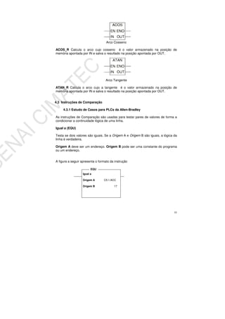 55
Arco Cosseno
ACOS_R Calcula o arco cujo cosseno é o valor armazenado na posição de
memória apontada por IN e salva o resultado na posição apontada por OUT.
Arco Tangente
ATAN_R Calcula o arco cujo a tangente é o valor armazenado na posição de
memória apontada por IN e salva o resultado na posição apontada por OUT.
4.3 Instruções de Comparação
4.3.1 Estudo de Casos para PLCs da Allen-Bradley
As instruções de Comparação são usadas para testar pares de valores de forma a
condicionar a continuidade lógica de uma linha.
Igual a (EQU)
Testa se dois valores são iguais. Se a Origem A e Origem B são iguais, a lógica da
linha é verdadeira.
Origem A deve ser um endereço. Origem B pode ser uma constante do programa
ou um endereço.
A figura a seguir apresenta o formato da instrução
Igual a
Origem A C5:1.ACC
Origem B 17
EQU
 