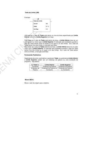 58
Teste de Limite (LIM)
Exemplo:
LIM testa se o valor de Teste está dentro ou fora da faixa especificada por Limite
Inferior (Lim Inf) e Limite Superior (Lim Sup).
Para testar se o valor de Teste está dentro da faixa, o Limite Inferior deve ter um
valor igual a ou menor que o Limite Superior. A instrução será verdadeira quando o
valor de Teste estiver entre os limites ou for igual a um dos limites. Se o valor de
Teste estiver fora dos limites, a instrução será falsa.
Para testar se o valor de Teste está fora da faixa, o Limite Inferior deve ter um valor
maior que o Limite Superior. A instrução será verdadeira quando o valor de Teste
estiver fora dos limites ou for igual a um dos limites. Se o valor de Teste estiver
entre os limites, a instrução será falsa
Fornecendo Parâmetros
Dependendo de como você define o parâmetro Teste, os parâmetros Limite Inferior
e Limite Superior podem ser um endereço de palavra ou uma constante de
programa. Veja abaixo.
Se Teste for Limite Inferior Limite Superior
Constante Endereço de Palavra Endereço de Palavra
Endereço de
Palavra
Endereço de Palavra ou
Constante
Endereço de Palavra
ou Constante
Mover (MOV)
Move o valor da origem para o destino;
Teste de Limite
Lim Inf 590
Teste N7:12
Lim Sup 610
LIM
 