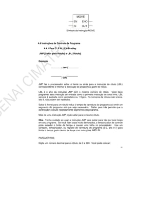 61
Símbolo da Instrução MOVE
4.4 Instruções de Controle de Programa
4.4.1 Para CLP ALLEN-Bradley
JMP [Saltar para Rótulo] e LBL [Rótulo]
Exemplo :
JMP faz o processador saltar à frente ou atrás para a instrução de rótulo (LBL)
correspondente e retomar a execução do programa a partir do rótulo.
LBL é o alvo da instrução JMP com o mesmo número de rótulo. Você deve
programar essa instrução de entrada como a primeira instrução de uma linha. LBL
sempre é avaliada como verdadeira ou 1 lógico. Os números de rótulos são únicos,
isto é, não podem ser repetidos.
Saltar à frente para um rótulo reduz o tempo de varredura do programa ao omitir um
segmento do programa até que seja necessário. Saltar para trás permite que o
controlador execute repetidamente segmentos do programa.
Mais de uma instrução JMP pode saltar para o mesmo rótulo.
Obs. Tenha cuidado ao usar a instrução JMP para saltar para trás ou fazer loops
em seu programa. Se você fizer loops muito demorados, o temporizador de controle
pode exceder o limite de tempo e causar uma falha no processador. Use um
contador, temporizador, ou registro de varredura do programa (S:3, bits 0-7) para
limitar o tempo gasto dentro de loops com instruções JMP/LBL.
PARÂMETROS:
Digite um número decimal para o rótulo, de 0 a 999. Você pode colocar:
( JMP )
] LBL
 