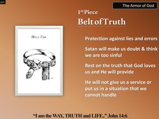 The Armor of God
1stPiece
BeltofTruth
Protection against lies and errors
Satan will make us doubt & think
we are too sinful
Rest on the truth that God loves
us and He will provide
He will not give us a service or
put us in a situation that we
cannot handle
“IamtheWAY,TRUTHandLIFE..”John14:6
 