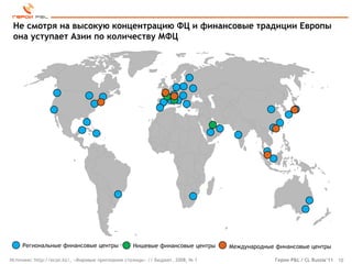Не смотря на высокую концентрацию ФЦ и финансовые традиции Европы
 она уступает Азии по количеству МФЦ




     Региональные финансовые центры              Нишевые финансовые центры     Международные финансовые центры

Источник: http://econ.kz/, «Мировые притязания столицы» // Бюджет, 2008, № 1                Герои P&L / CL Russia’11   10
 