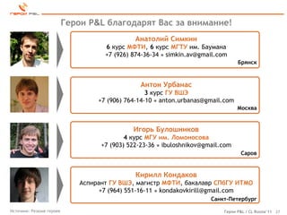 Герои P&L благодарят Вас за внимание!
                                               Анатолий Симкин
                                     6 курс МФТИ, 6 курс МГТУ им. Баумана
                                     +7 (926) 874-36-34 ● simkin.av@gmail.com
                                                                                  Брянск



                                                 Антон Урбанас
                                                   3 курс ГУ ВШЭ
                                   +7 (906) 764-14-10 ● anton.urbanas@gmail.com
                                                                                  Москва


                                              Игорь Булошников
                                            4 курс МГУ им. Ломоносова
                                    +7 (903) 522-23-36 ● ibuloshnikov@gmail.com
                                                                                    Саров


                                               Кирилл Кондаков
                              Аспирант ГУ ВШЭ, магистр МФТИ, бакалавр СПбГУ ИТМО
                                    +7 (964) 551-16-11 ● kondakovkirill@gmail.com
                                                                        Санкт-Петербург

Источник: Резюме героев                                                     Герои P&L / CL Russia’11 27
 