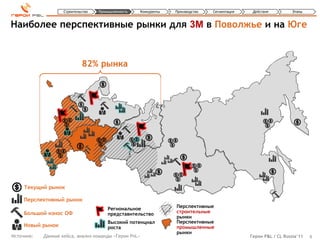 Строительство   Промышленность     Конкуренты   Производство   Сегментация    Действия          Этапы



Наиболее перспективные рынки для 3M в Поволжье и на Юге


                             82% рынка




     Текущий рынок

     Перспективный рынок
                                        Региональное                Перспективные
     Большой износ ОФ                   представительство           строительные
                                                                    рынки
                                        Высокий потенциал           Перспективные
     Новый рынок                        роста                       промышленные
                                                                    рынки
Источник:   Данные кейса, анализ команды «Герои PnL»                                             Герои P&L / CL Russia’11   6
 