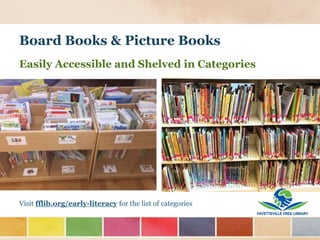 for more
Board Books & Picture Books
Easily Accessible and Shelved in Categories
Visit fflib.org/early-literacy for the list of categories
 