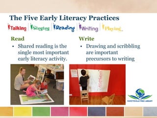 The Five Early Literacy Practices
Read Write
• Shared reading is the
single most important
early literacy activity.
• Drawing and scribbling
are important
precursors to writing
 