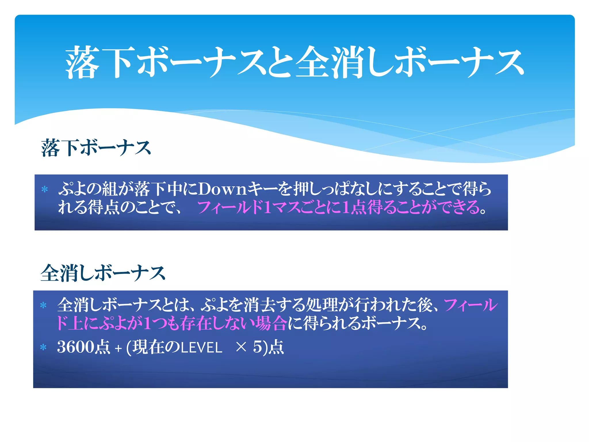落下ボーナスと全消しボーナス

落下ボーナス

 ぷよの組が落下中にＤｏｗｎキーを押しっぱなしにすることで得ら
  れる得点のことで、 フィールド１マスごとに１点得ることができる。



全消しボーナス
 全消しボーナスとは、ぷよを消去する処理が行われた後、フィール
  ド上にぷよが１つも存在しない場合に得られるボーナス。
 ３６００点 + (現在のLEVEL × ５)点
 