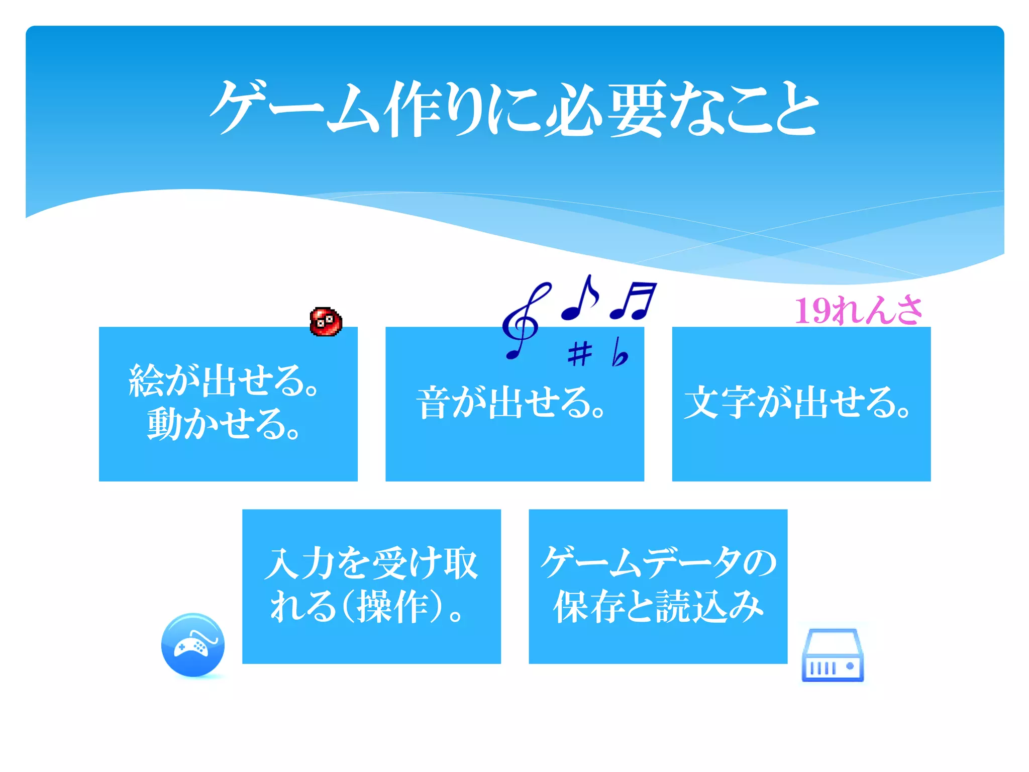 ゲーム作りに必要なこと


                        １９れんさ

絵が出せる。
         音が出せる。   文字が出せる。
動かせる。


    入力を受け取    ゲームデータの
    れる（操作）。   保存と読込み
 