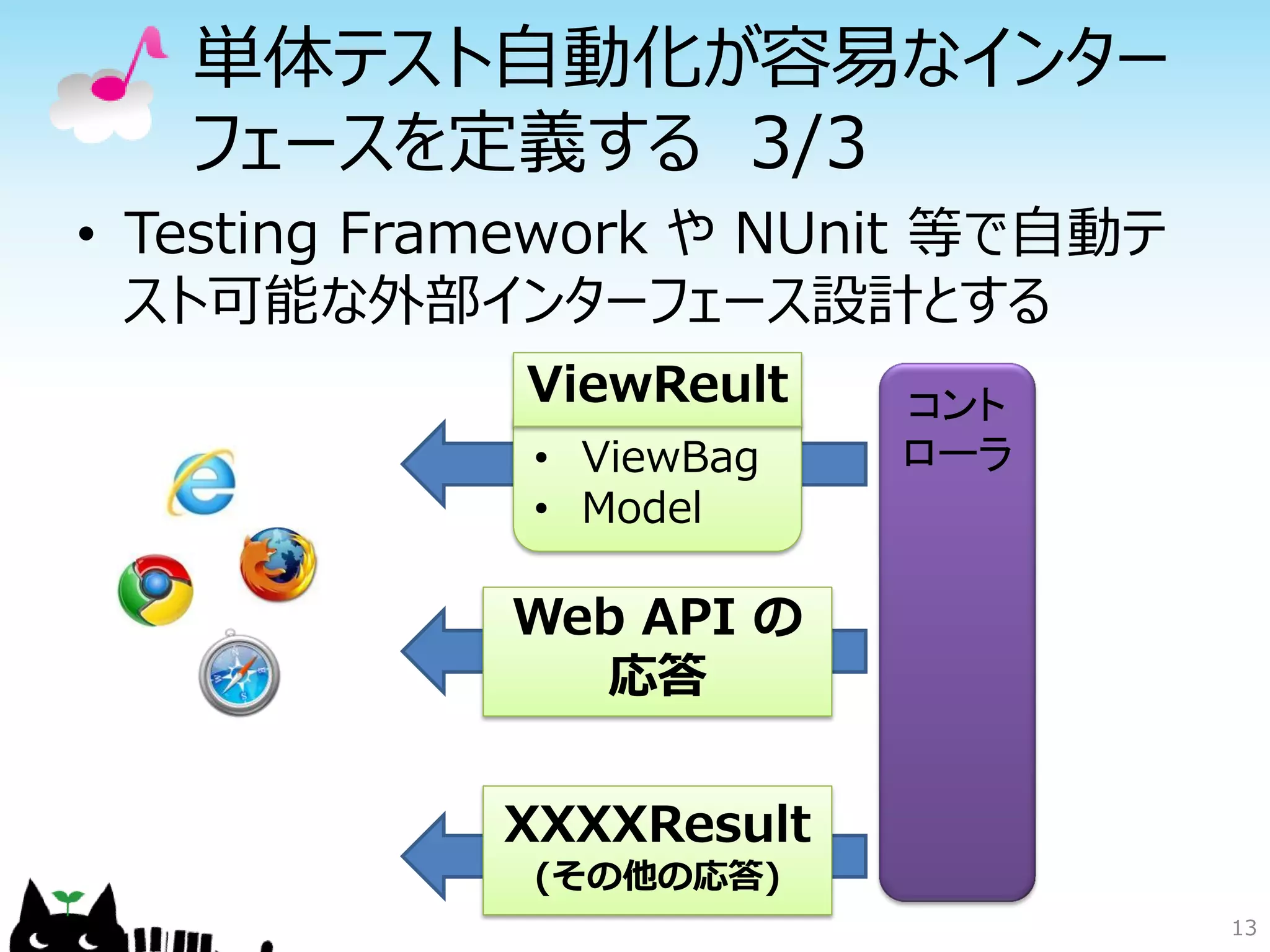 単体テスト自動化が容易なインター
   フェースを定義する 3/3
• Testing Framework や NUnit 等で自動テ
  スト可能な外部インターフェース設計とする
             ViewReult   コント
             • ViewBag   ローラ
             • Model

             Web API の
               応答


            XXXXResult
             (その他の応答)
                                    13
 