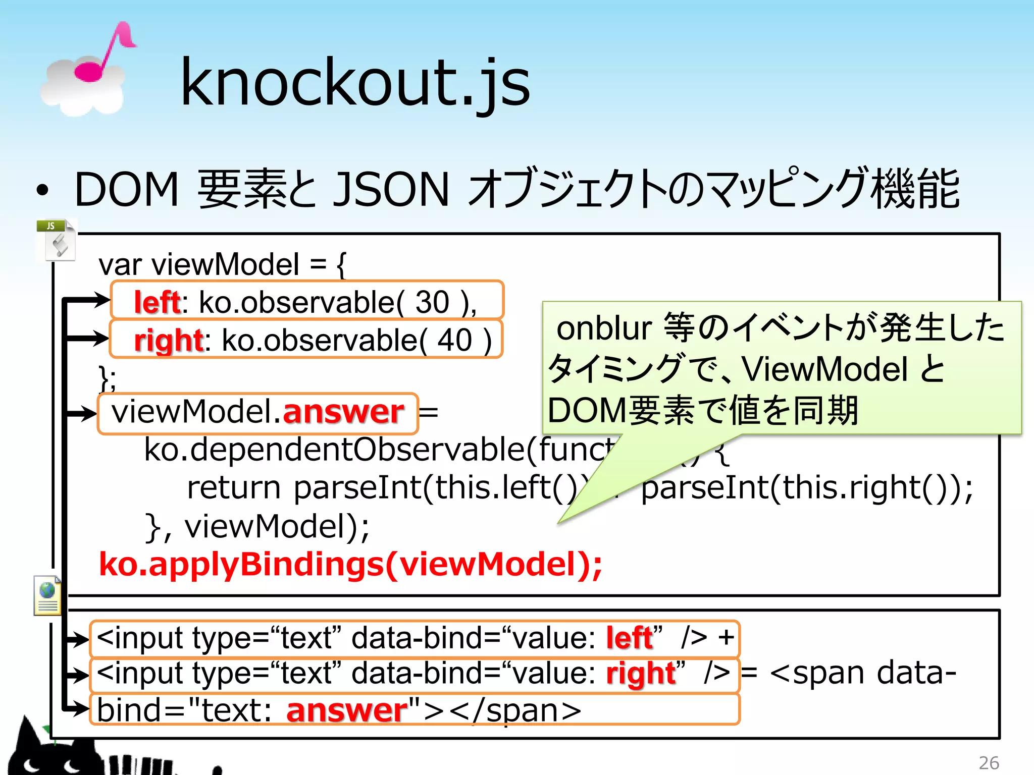 knockout.js
• DOM 要素と JSON オブジェクトのマッピング機能
 var viewModel = {
    left: ko.observable( 30 ),
    right: ko.observable( 40 )    onblur 等のイベントが発生した
 };                               タイミングで、ViewModel と
  viewModel.answer =              DOM要素で値を同期
     ko.dependentObservable(function () {
         return parseInt(this.left()) + parseInt(this.right());
     }, viewModel);
 ko.applyBindings(viewModel);

 <input type=“text” data-bind=“value: left” /> +
 <input type=“text” data-bind=“value: right” /> = <span data-
 bind="text: answer"></span>
                                                                26
 