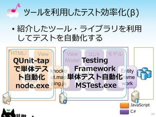 ツールを利用したテスト効率化(β)
• 紹介したツール・ライブラリを利用
  してテストを自動化する
HTML/  View    View      コント モデル
 QUnit-tap
 CSS   Model   Model   Testing
                        ローラ
で単体テス knocko Framework Entity
 ト自動化 ut.map 単体テスト自動化
  knock          AutoM
                            Frame
  out.js         apper
node.exe ping.js MSTest.exe work

                                   JavaScript
                                   C#
                                                24
 