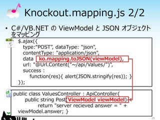 Knockout.mapping.js 2/2
• C#/VB.NET の ViewModel と JSON オブジェクト
  をマッピング
   $.ajax({
     type:“POST”, dataType: "json",
     contentType: "application/json",
     data : ko.mapping.toJSON(viewModel),
     url: "@Url.Content("~/api/Values/")",
     success :
        function(res){ alert(JSON.stringify(res)); }
   });

  public class ValuesController : ApiController{
       public string Post(ViewModel viewModel){
             return "server recieved answer = " +
    viewModel.answer; }
                                                       28
 