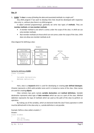 By Mr. K.V.R
Day - 8:
1. CLASS: “A class is a way of binding the data and associated methods in a single unit
Any JAVA program if we want to develop then that should be developed with respective
class only i.e., without class
In object oriented programming’s
member methods and non-member methods
• A member method is one which is comes under the scope of the
only member methods
• Non-member methods
does not allow non-member methods
Class diagram for defining a class
Syntax for defining a CLASS:
Class <clsname>
{
Variable declaration;
Methods definition;
};
Here, class is a keyword
Clsname represents a JAVA valid variable name and it is treated as name of the
are used for creating objects.
Class contains two parts namely
declaration represents what type of
definition represents the type of
operation.
By making use of the variables
must be defined with in the class
Example: Define a class called a student..?
Answer:
Class student
{
Int stno;
String stname;
J2SE (Core JAVA) Notes
is a way of binding the data and associated methods in a single unit
program if we want to develop then that should be developed with respective
there is no JAVA program.
object oriented programming’s, generally we write two types of
member methods.
is one which is comes under the scope of the class
member methods.
member methods are those which are not comes under the scope of the
member methods at all.
class:
eclaration;
efinition;
keyword which is used for developing or creating user defined datatypes
valid variable name and it is treated as name of the
contains two parts namely variable declaration and method definitions
represents what type of data members which we use as a part of the
represents the type of methods which we used as the path of the
By making use of the variables, which are declared inside the class? Every operation in
class only i.e., outside definition is not possible
called a student..?
Page 9
is a way of binding the data and associated methods in a single unit”.
program if we want to develop then that should be developed with respective
, generally we write two types of methods. They are
class. In JAVA we use
are those which are not comes under the scope of the class. JAVA
user defined datatypes.
valid variable name and it is treated as name of the class. Class names
method definitions. Variable
a part of the class. Method
which we used as the path of the class to perform an
Every operation in JAVA
 