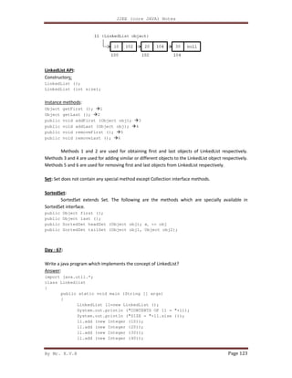 By Mr. K.V.R
LinkedList API:
Constructors:
LinkedList ();
LinkedList (int size);
Instance methods:
Object getFirst (); 1
Object getLast (); 2
public void addFirst (Object obj);
public void addLast (Object obj);
public void removeFirst ();
public void removeLast ();
Methods 1 and 2 are used for obtaining first and last objects of LinkedList respectively.
Methods 3 and 4 are used for adding similar or dif
Methods 5 and 6 are used for removing first and last objects from LinkedList respectively.
Set: Set does not contain any special method except Collection interface methods.
SortedSet:
SortedSet extends Set. The following are the methods which are specially available in
SortedSet interface.
public Object first ();
public Object last ();
public SortedSet headSet (Object obj); x
public SortedSet tailSet (Object obj1, Object obj2);
Day - 67:
Write a java program which implements the concept of LinkedList?
Answer:
import java.util.*;
class Linkedlist
{
public static void main (String [] args)
{
LinkedList ll=new LinkedList ();
System.out.println ("CONTENTS OF l1 = "+ll);
System.out.printl
ll.add (new Integer (10));
ll.add (new Integer (20));
ll.add (new Integer (30));
ll.add (new Integer (40));
J2EE (core JAVA) Notes
Object obj); 3
void addLast (Object obj); 4
void removeFirst (); 5
6
Methods 1 and 2 are used for obtaining first and last objects of LinkedList respectively.
Methods 3 and 4 are used for adding similar or different objects to the LinkedList object respectively.
Methods 5 and 6 are used for removing first and last objects from LinkedList respectively.
Set does not contain any special method except Collection interface methods.
ds Set. The following are the methods which are specially available in
SortedSet headSet (Object obj); xi <= obj
SortedSet tailSet (Object obj1, Object obj2);
ite a java program which implements the concept of LinkedList?
static void main (String [] args)
LinkedList ll=new LinkedList ();
System.out.println ("CONTENTS OF l1 = "+ll);
System.out.println ("SIZE = "+ll.size ());
ll.add (new Integer (10));
ll.add (new Integer (20));
ll.add (new Integer (30));
ll.add (new Integer (40));
Page 123
Methods 1 and 2 are used for obtaining first and last objects of LinkedList respectively.
ferent objects to the LinkedList object respectively.
Methods 5 and 6 are used for removing first and last objects from LinkedList respectively.
ds Set. The following are the methods which are specially available in
 