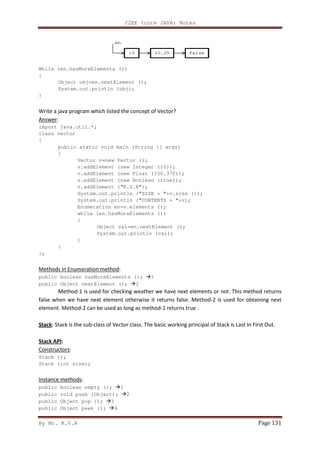 By Mr. K.V.R
While (en.hasMoreElements ())
{
Object obj=en.nextElement ();
System.out.println (obj);
}
Write a java program which listed the concept of Vector?
Answer:
import java.util.*;
class vector
{
public static void main (String [] args)
{
Vector v=new Vector ();
v.addElement (new Integer (10));
v.addElement (new Float (100.37f));
v.addElement (new Boolean (true));
v.addElement ("K.V.R");
System.out.println ("SIZE = "+v.size ());
System.out.println ("CONTENTS = "+v);
Enumeration e
while (en.hasMoreElements ())
{
Object val=en.nextElement ();
System.out.println (val);
}
}
};
Methods in Enumeration method
public boolean hasMoreElements ();
public Object nextElement ();
Method-1 is used for checki
false when we have next element otherwise it returns false. Method
element. Method-2 can be used as long as method
Stack: Stack is the sub-class of Vector class. The basic working principal of Stack is Last In First Out.
Stack API:
Constructors:
Stack ();
Stack (int size);
Instance methods:
public boolean empty ();
public void push (Object);
public Object pop (); 3
public Object peek (); 4
J2EE (core JAVA) Notes
While (en.hasMoreElements ())
Object obj=en.nextElement ();
System.out.println (obj);
Write a java program which listed the concept of Vector?
public static void main (String [] args)
tor v=new Vector ();
v.addElement (new Integer (10));
v.addElement (new Float (100.37f));
v.addElement (new Boolean (true));
v.addElement ("K.V.R");
System.out.println ("SIZE = "+v.size ());
System.out.println ("CONTENTS = "+v);
Enumeration en=v.elements ();
while (en.hasMoreElements ())
Object val=en.nextElement ();
System.out.println (val);
Methods in Enumeration method:
public boolean hasMoreElements (); 1
public Object nextElement (); 2
1 is used for checking weather we have next elements or not. This method returns
false when we have next element otherwise it returns false. Method-2 is used for obtaining next
2 can be used as long as method-1 returns true .
Vector class. The basic working principal of Stack is Last In First Out.
1
(Object); 2
4
Page 131
ng weather we have next elements or not. This method returns
2 is used for obtaining next
Vector class. The basic working principal of Stack is Last In First Out.
 