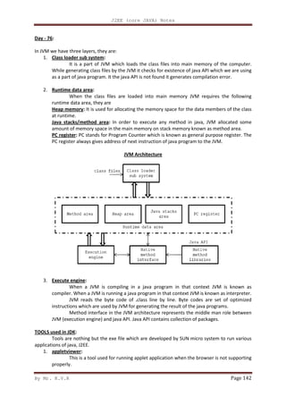 By Mr. K.V.R
Day - 76:
In JVM we have three layers, they are:
1. Class loader sub system
It is a part of JVM which loads the class files into main memory of the computer.
While generating class files by the JVM it checks for existence of java API which we are using
as a part of java program. It the java API is not found it generates compilation error.
2. Runtime data area:
When the class files are loaded into main memory JVM requires the following
runtime data area, they are
Heap memory: It is used for allocating the memory space for
at runtime.
Java stacks/method area
amount of memory space in the main memory on stack memory known as method area.
PC register: PC stands for Program Counter which i
PC register always gives address of next instruction of java program to the JVM.
3. Execute engine:
When a JVM is compiling in a java program in that context JVM is known as
compiler. When a JVM is running a java program in that context JVM is known as interpreter.
JVM reads the byte code of
instructions which are used by JVM for generating the result of the java programs.
Method interface in th
JVM (execution engine) and java API. Java API contains collection of packages.
TOOLS used in JDK:
Tools are nothing but the exe file which are developed by SUN micro system to run various
applications of java, J2EE.
1. appletviewer:
This is a tool used for running applet application when the browser is not supporting
properly.
J2EE (core JAVA) Notes
we have three layers, they are:
Class loader sub system:
It is a part of JVM which loads the class files into main memory of the computer.
While generating class files by the JVM it checks for existence of java API which we are using
a program. It the java API is not found it generates compilation error.
When the class files are loaded into main memory JVM requires the following
runtime data area, they are
It is used for allocating the memory space for the data members of the class
Java stacks/method area: In order to execute any method in java, JVM allocated some
amount of memory space in the main memory on stack memory known as method area.
PC stands for Program Counter which is known as general purpose register. The
PC register always gives address of next instruction of java program to the JVM.
JVM Architecture
When a JVM is compiling in a java program in that context JVM is known as
is running a java program in that context JVM is known as interpreter.
JVM reads the byte code of .class line by line. Byte codes are set of optimized
instructions which are used by JVM for generating the result of the java programs.
Method interface in the JVM architecture represents the middle man role between
JVM (execution engine) and java API. Java API contains collection of packages.
Tools are nothing but the exe file which are developed by SUN micro system to run various
This is a tool used for running applet application when the browser is not supporting
Page 142
It is a part of JVM which loads the class files into main memory of the computer.
While generating class files by the JVM it checks for existence of java API which we are using
a program. It the java API is not found it generates compilation error.
When the class files are loaded into main memory JVM requires the following
the data members of the class
In order to execute any method in java, JVM allocated some
amount of memory space in the main memory on stack memory known as method area.
s known as general purpose register. The
PC register always gives address of next instruction of java program to the JVM.
When a JVM is compiling in a java program in that context JVM is known as
is running a java program in that context JVM is known as interpreter.
class line by line. Byte codes are set of optimized
instructions which are used by JVM for generating the result of the java programs.
e JVM architecture represents the middle man role between
JVM (execution engine) and java API. Java API contains collection of packages.
Tools are nothing but the exe file which are developed by SUN micro system to run various
This is a tool used for running applet application when the browser is not supporting
 