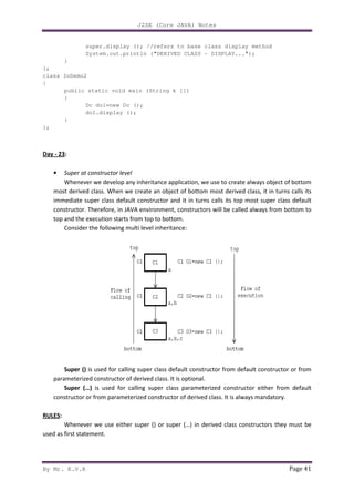 By Mr. K.V.R
super.display (); //refers to base class display method
System.out.println ("DERIVED CLASS
}
};
class InDemo2
{
public static void main (String k [])
{
Dc do1=new Dc ();
do1.display ();
}
};
Day - 23:
• Super at constructor level
Whenever we develop any inheritance application, we use to create always object of bottom
most derived class. When we create an object of bottom most derived class, it in turns calls its
immediate super class default constructor and it in turns calls its
constructor. Therefore, in JAVA
top and the execution starts from top to bottom.
Consider the following multi level inheritance:
Super () is used for calling super class default constructor from default constructor or from
parameterized constructor of derived class.
Super (…) is used for calling super class parameterized constructor either from default
constructor or from parameterized constructor of derived class. It is always mandatory.
RULES:
Whenever we use either super () or super (…) in derived class constructors they must be
used as first statement.
J2SE (Core JAVA) Notes
super.display (); //refers to base class display method
System.out.println ("DERIVED CLASS - DISPLAY...");
public static void main (String k [])
Dc do1=new Dc ();
do1.display ();
Super at constructor level
Whenever we develop any inheritance application, we use to create always object of bottom
most derived class. When we create an object of bottom most derived class, it in turns calls its
immediate super class default constructor and it in turns calls its top most super class default
JAVA environment, constructors will be called always from bottom to
top and the execution starts from top to bottom.
Consider the following multi level inheritance:
is used for calling super class default constructor from default constructor or from
parameterized constructor of derived class. It is optional.
is used for calling super class parameterized constructor either from default
arameterized constructor of derived class. It is always mandatory.
Whenever we use either super () or super (…) in derived class constructors they must be
Page 41
super.display (); //refers to base class display method
Whenever we develop any inheritance application, we use to create always object of bottom
most derived class. When we create an object of bottom most derived class, it in turns calls its
top most super class default
environment, constructors will be called always from bottom to
is used for calling super class default constructor from default constructor or from
is used for calling super class parameterized constructor either from default
arameterized constructor of derived class. It is always mandatory.
Whenever we use either super () or super (…) in derived class constructors they must be
 