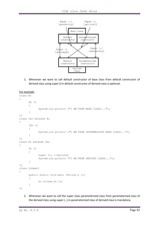 By Mr. K.V.R
1. Whenever we want to call default constructor of base class from
derived class using super () in default constructor of derived class is optional.
For example:
class Bc
{
Bc ()
{
System.out.println ("I AM FROM BASE CLASS...");
}
};
class Ibc extends Bc
{
Ibc ()
{
System.out.println ("I
}
};
class Dc extends Ibc
{
Dc ()
{
super (); //optional
System.out.println ("I AM FROM DERIVED CLASS...");
}
};
class InDemo3
{
public static void main (String k [])
{
Dc o1=new Dc ();
}
};
2. Whenever we want to call the super class parameterized class from parameterized class of
the derived class using super (…) in parameterized class of derived class is mandatory.
J2SE (Core JAVA) Notes
Whenever we want to call default constructor of base class from default constructor of
derived class using super () in default constructor of derived class is optional.
System.out.println ("I AM FROM BASE CLASS...");
System.out.println ("I AM FROM INTERMEDIATE BASE CLASS...");
super (); //optional
System.out.println ("I AM FROM DERIVED CLASS...");
public static void main (String k [])
Dc o1=new Dc ();
want to call the super class parameterized class from parameterized class of
the derived class using super (…) in parameterized class of derived class is mandatory.
Page 42
default constructor of
derived class using super () in default constructor of derived class is optional.
AM FROM INTERMEDIATE BASE CLASS...");
want to call the super class parameterized class from parameterized class of
the derived class using super (…) in parameterized class of derived class is mandatory.
 