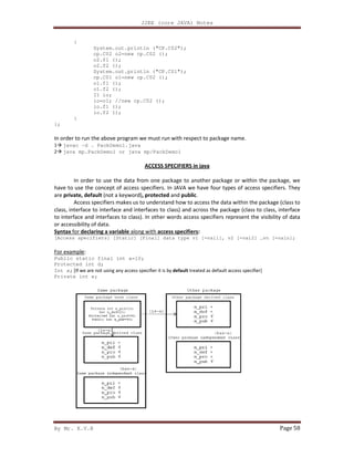 By Mr. K.V.R
{
System.out.println ("CP.C02");
cp.C02 o2=new cp.C02 ();
o2.f1 ();
o2.f2 ();
System.out.println ("CP.C01");
cp.C01 o1=new cp.C02 ();
o1.f1 ();
o1.f2 ();
I1 io;
io=o1; //new cp.C02 ();
io.f1 ();
io.f2 ();
}
};
In order to run the above program we must run with respect to package name.
1 javac –d . PackDemo1.java
2 java mp.PackDemo1 or java mp/PackDemo1
In order to use the data from one package to anoth
have to use the concept of access specifiers. In JAVA we have four types of access specifiers. They
are private, default (not a keyword)
Access specifiers makes us to understand how to access the
class, interface to interface and interfaces to class) and across the package (class to class, interface
to interface and interfaces to class). In other words access specifiers represent the visibility of data
or accessibility of data.
Syntax for declaring a variable along with
[Access specifiers] [Static] [Final] data type v1 [=val1], v2 [=val2] …vn [=valn];
For example:
Public static final int a=10;
Protected int d;
Int x; [If we are not using any access specifier it is by
Private int e;
J2EE (core JAVA) Notes
System.out.println ("CP.C02");
cp.C02 o2=new cp.C02 ();
System.out.println ("CP.C01");
cp.C01 o1=new cp.C02 ();
io=o1; //new cp.C02 ();
In order to run the above program we must run with respect to package name.
d . PackDemo1.java
java mp.PackDemo1 or java mp/PackDemo1
ACCESS SPECIFIERS in java
In order to use the data from one package to another package or within the package, we
have to use the concept of access specifiers. In JAVA we have four types of access specifiers. They
(not a keyword), protected and public.
Access specifiers makes us to understand how to access the data within the package (class to
class, interface to interface and interfaces to class) and across the package (class to class, interface
to interface and interfaces to class). In other words access specifiers represent the visibility of data
along with access specifiers:
[Access specifiers] [Static] [Final] data type v1 [=val1], v2 [=val2] …vn [=valn];
static final int a=10;
ess specifier it is by default treated as default access specifier]
Page 58
er package or within the package, we
have to use the concept of access specifiers. In JAVA we have four types of access specifiers. They
data within the package (class to
class, interface to interface and interfaces to class) and across the package (class to class, interface
to interface and interfaces to class). In other words access specifiers represent the visibility of data
[Access specifiers] [Static] [Final] data type v1 [=val1], v2 [=val2] …vn [=valn];
 
