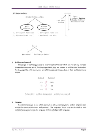 By Mr. K.V.R
3. Architectural Neutral:
A language or technology is said to be
processors in the real world.
The language like JAVA can run on any of the processor irrespective of their
vendor.
4. Portable:
A portable language is one which can run on all operating systems and on all processors
irrespective their architectures
portable languages whereas the language
J2SE (Core JAVA) Notes
A language or technology is said to be architectural neutral which can run on any available
processors in the real world. The languages like C, Cpp are treated as architectural dependent
can run on any of the processor irrespective of their
A portable language is one which can run on all operating systems and on all processors
architectures and providers. The languages like C, Cpp are treated as
languages whereas the language JAVA is called portable language.
Page 5
which can run on any available
architectural dependent.
can run on any of the processor irrespective of their architecture and
A portable language is one which can run on all operating systems and on all processors
The languages like C, Cpp are treated as non-
 