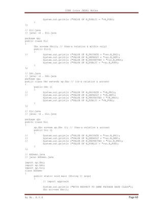 J2EE (core JAVA) Notes
By Mr. K.V.R Page 60
System.out.println ("VALUE OF N_PUBLIC = "+N_PUB);
}
};
// Sic.java
// javac -d . Sic.java
package sp;
public class Sic
{
Sbc so=new Sbc(); // (has-a relation & within only)
public Sic()
{
// System.out.println ("VALUE OF N_PRIVATE = "+so.N_PRI);
System.out.println ("VALUE OF N_DEFAULT = "+so.N_DEF);
System.out.println ("VALUE OF N_PROTECTED = "+so.N_PRO);
System.out.println ("VALUE OF N_PUBLIC = "+so.N_PUB);
}
};
// Odc.java
// javac -d . Odc.java
package op;
public class Odc extends sp.Sbc // (is-a relation & across)
{
public Odc ()
{
// System.out.println ("VALUE OF N_PRIVATE = "+N_PRI);
// System.out.println ("VALUE OF N_DEFAULT = "+N_DEF);
System.out.println ("VALUE OF N_PROTECTED = "+N_PRO);
System.out.println ("VALUE OF N_PUBLIC = "+N_PUB);
}
};
// Oic.java
// javac -d . Oic.java
package op;
public class Oic
{
sp.Sbc so=new sp.Sbc (); // (has-a relation & across)
public Oic ()
{
// System.out.println ("VALUE OF N_PRIVATE = "+so.N_PRI);
// System.out.println ("VALUE OF N_DEFAULT = "+so.N_DEF);
// System.out.println ("VALUE OF N_PROTECTED = "+so.N_PRO);
System.out.println ("VALUE OF N_PUBLIC = "+so.N_PUB);
}
};
// ASDemo.java
// javac ASDemo.java
import sp.Sbc;
import sp.Sdc;
import sp.Sic;
class ASDemo
{
public static void main (String [] args)
{
// import approach
System.out.println ("WITH RESPECT TO SAME PACKAGE BASE CLASS");
Sbc so1=new Sbc();
 
