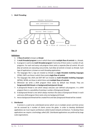 By Mr. K.V.R
5. Multi Threading:
Day - 6:
Definitions:
1. A flow of control is known as
2. A multi threaded program
3. A program is said to be multi threaded program
programs. For each and every sub
flow of controls are executing concurrently. Such
type of applications is kno
4. The languages like C, Cpp are treated as
(STML). SMTL are those in which there exists
5. The languages like JAVA
(MTML). MTML are those in which there exist
6. Whenever we write a
foreground/child thread
7. A foreground thread is one which always executes user defined sub
program there is a possibility of existing n number of
8. A background thread is one which always monitors the status of
and every JAVA program t
9. Hence background thread
6. Distributed:
A service is a said to be a
can be accessed by n number of clients across the globe. In order to develop
applications we must require architecture called
applications we require a technology called
scale organizations.
J2SE (Core JAVA) Notes
is known as thread.
multi threaded program is one in which there exists multiple flow of controls
multi threaded program if and only of there exists n number of sub
programs. For each and every sub-program there exists a separate flow of control
are executing concurrently. Such flow of controls is known as
type of applications is known as multi threading applications.
The languages like C, Cpp are treated as threads as single threaded modeling languages
(STML). SMTL are those in which there exists single flow of control.
JAVA and DOT NET are treated as multi threaded modeling languages
(MTML). MTML are those in which there exist multiple flows of controls
Whenever we write a JAVA program there exists by default two threads
foreground/child thread and background/main/parent thread.
is one which always executes user defined sub-programs. In a
program there is a possibility of existing n number of foreground threads
is one which always monitors the status of foreground thread
program there exists only one background thread.
background thread will be created first and later foreground thread
A service is a said to be a distributed service which runs in multiple servers
by n number of clients across the globe. In order to develop
we must require architecture called trusted network architecture. To develop these
applications we require a technology called J2EE. Distributed applications are preferr
Page 6
multiple flow of controls i.e., threads.
if and only of there exists n number of sub-
flow of control. All such
is known as threads. Such
single threaded modeling languages
d modeling languages
multiple flows of controls.
two threads. They are
programs. In a JAVA
foreground threads.
foreground thread. In each
foreground thread will be created.
multiple servers and that service
by n number of clients across the globe. In order to develop distributed
architecture. To develop these
are preferred by large
 