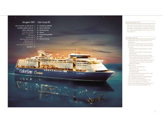 Årsrapport 2005 - Color Group ASA                                    COLOR GROUP ASA
                                                                                    Konsernet Color Group ASA eies av O.N. Sunde AS og
Color Group ASA og Color Line AS 3                   23   Hovedtall og nøkkeltall
                                                                                    driver person- og godstransport, hotelldrift, restauranter,
    Fremtidens sjøreise starter nå 5                 24   Styrets årsberetning      varehandel, underholdning og turproduksjon. Konsernet
            Dette er Color Group 7                   28   Resultatregnskap          har to heleide datterselskaper; Color Line AS og Color
              Den maritime virksomheten 7                                           Hotel Skagen AS.
                                                     29   Balanse
              Reiseliv - en fremtidsnæring 9
                                                     30   Kontantstrømoppstilling
                               Vekst i frakt 10
                          Sikkerhet og miljø    11
                                                     31   Noter
                                                                                    COLOR LINE AS
         Effektivitet og komfort i havnene      13   42   Revisors beretning
                      Miljøeffektiv transport   15                                  • Norges største og et av Europas ledende cruise-
                                                                                      fergerederier.
                 En viktig samfunnsaktør        15
                                                                                    • Opererte per 31. desember 2005 seks internasjonale
  Videreutvikle kjerneverdien engasjement 17
                                                                                      linjer mellom ti havner i Norge, Tyskland, Danmark
                           SuperSpeed 20                                              og Sverige.
                                                                                      - Gjennomsnittlig 24 daglige avganger, 34 i høy-
                                                                                         sesongene.
                                                                                      - Daglig kapasitet på opptil 54 166 passasjerer i
                                                                                         høysesongene.
                                                                                      - Blant Norges største ro-ro-rederier, med opptil
                                                                                         18,2 km daglig fraktkapasitet (18 162 lane meter)
                                                                                         i høysesongene, tilsvarende 1 514 vogntog.
                                                                                      - En av Norges største restaurantkjeder og blant de
                                                                                         største kjøpesentrene i landet ut fra serverings-
                                                                                         kapasitet og butikker.
                                                                                    • Flåte på 10 skip
                                                                                      - Gjestekapasitet 16 815 personer
                                                                                      - Plass til 4 747 biler
                                                                                      - Fraktkapasitet (lane meter) 7,5 km
                                                                                      - 74 serveringssteder
                                                                                      - 10 745 senger fordelt på 3 459 lugarer (på 7 skip)
                                                                                      - 58 konferanserom (på 8 skip)
                                                                                    • Color Lines linjenett opereres av 3 linjeorganisasjoner
                                                                                      i Oslo, Sandefjord og Kristiansand.
                                                                                    • 3 827 ansatte, inklusive deltidsansatte, hvorav
                                                                                      2 716 om bord på skipene og 1 111 på land.
                                                                                    • Norges største opplæringsbedrift til sjøs. Det er til
                                                                                      enhver tid ca 50 lærlinger på selskapets skip.




                                                                                                                                                3
 