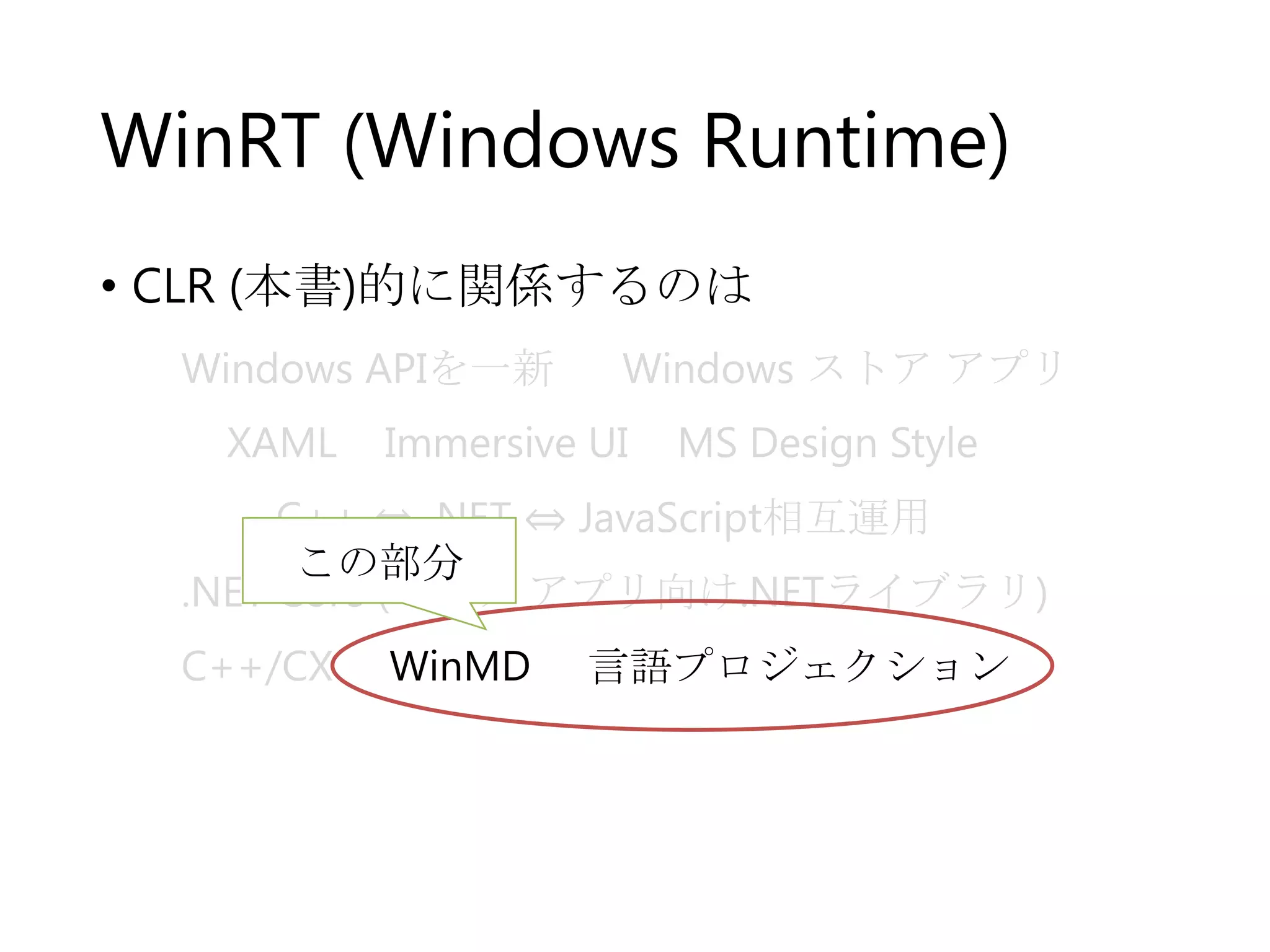 WinRT (Windows Runtime)
• CLR (本書)的に関係するのは
Windows APIを一新

XAML

Windows ストア アプリ

Immersive UI

MS Design Style

C++ ⇔ .NET ⇔ JavaScript相互運用
この部分
.NET Core (ストア アプリ向け.NETライブラリ)
C++/CX

WinMD

言語プロジェクション

 