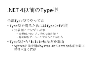 .NET 4以前のType型
全部Type型でやってた
• Type型を得るためにはTypeDef必須
• 定義側アセンブリ必須
• 参照側アセンブリ単体で読めない
• 静的解析ツールとかで困ることがある

• Type型からFieldInfoなどを取る
• System名前空間がSystem.Reflection名前空間に
結構大きく依存

 